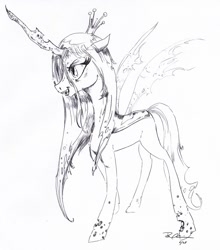 Size: 1077x1226 | Tagged: safe, artist:trips-ocho, character:queen chrysalis, species:changeling, changeling queen, female, monochrome, solo