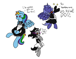 Size: 946x735 | Tagged: safe, artist:thepiplup, character:king sombra, character:princess luna, character:rainbow dash, species:pony, adorkable, bipedal, blushing, clothing, crossdressing, cute, doodle, dork, dress, eyes closed, frown, glare, maid, socks, sparkles, spread wings, unamused, wings