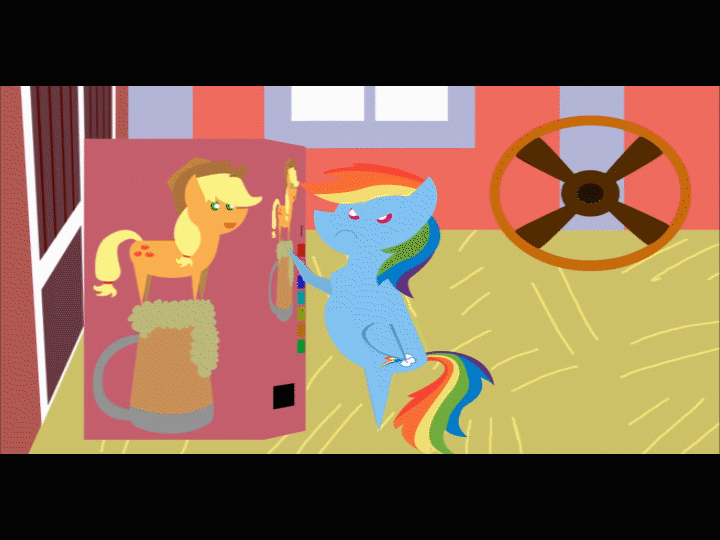 Size: 720x540 | Tagged: safe, artist:videogamehunter, character:applejack, character:rainbow dash, species:pegasus, species:pony, animated, apple cider (drink), barn, female, pointy ponies, vending machine