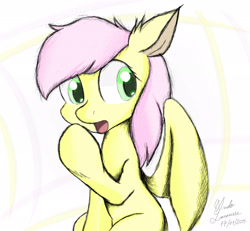 Size: 3000x2777 | Tagged: safe, artist:ando, character:fluttershy, alternate hairstyle, border, colors, cute, floppy ears, light, open mouth, sitting, smiling
