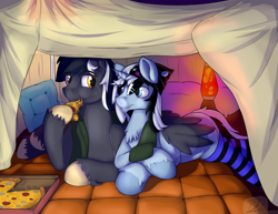 Size: 2700x2085 | Tagged: safe, artist:bigmuffintosh, oc, oc only, oc:muffintosh, oc:taylorpone, clothing, gay, hat, hug, in love, lava lamp, male, pillow fort, pizza, scarf, shipping, snuggling, socks, striped socks, winghug