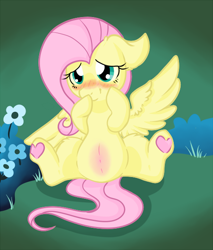 Size: 500x586 | Tagged: safe, artist:adoeable, character:fluttershy, belly, blushing, chubby, heart, hoof heart, pregnant, underhoof