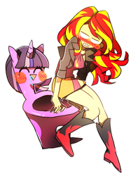 Size: 519x693 | Tagged: safe, artist:memoneo, character:sunset shimmer, character:twilight sparkle, character:twilight sparkle (alicorn), species:alicorn, species:pony, my little pony:equestria girls, blank eyes, blushing, but why, clothing, drool, equestria girls ponified, female, object pony, original species, ponified, species swap, toilet, toilet pony, toilet sparkle, wat