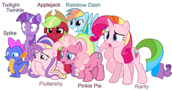 Size: 8297x4386 | Tagged: dead source, safe, artist:atomiclance, character:applejack, character:fluttershy, character:fluttershy (g3), character:pinkie pie, character:pinkie pie (g3), character:rainbow dash, character:rainbow dash (g3), character:rarity, character:rarity (g3), character:spike, character:spike (g3), character:twilight sparkle, g3, absurd resolution, applejack (g3), fluttershy (g3), g3 to g4, generation leap, mane seven, mane six, recolor, simple background, transparent background, twilight twinkle