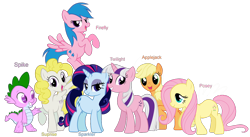 Size: 1178x645 | Tagged: dead source, safe, artist:atomiclance, character:applejack, character:applejack (g1), character:firefly, character:fluttershy, character:pinkie pie, character:posey, character:rainbow dash, character:rarity, character:sparkler (g1), character:spike, character:surprise, character:twilight sparkle, g1, g1 six, g1 to g4, generation leap, mane seven, mane six, simple background, transparent background