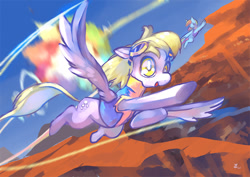 Size: 800x566 | Tagged: safe, artist:tc, character:derpy hooves, character:rainbow dash, species:pegasus, species:pony, g4, my little pony: friendship is magic, epic derpy, female, flying, mare, sonic rainboom, wonderbolt trainee uniform