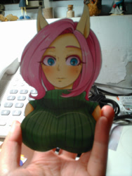 Size: 600x799 | Tagged: safe, artist:buryooooo, character:fluttershy, species:anthro, breasts, busty fluttershy, clothing, female, human facial structure, papercraft, pixiv, solo, sweater puppies, sweatershy