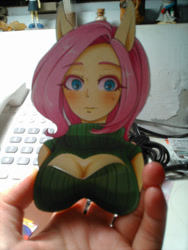Size: 600x799 | Tagged: safe, artist:buryooooo, character:fluttershy, species:anthro, breasts, busty fluttershy, cleavage, clothing, female, human facial structure, keyhole turtleneck, open-chest sweater, papercraft, pixiv, solo, sweater, sweater puppies, sweatershy, turtleneck