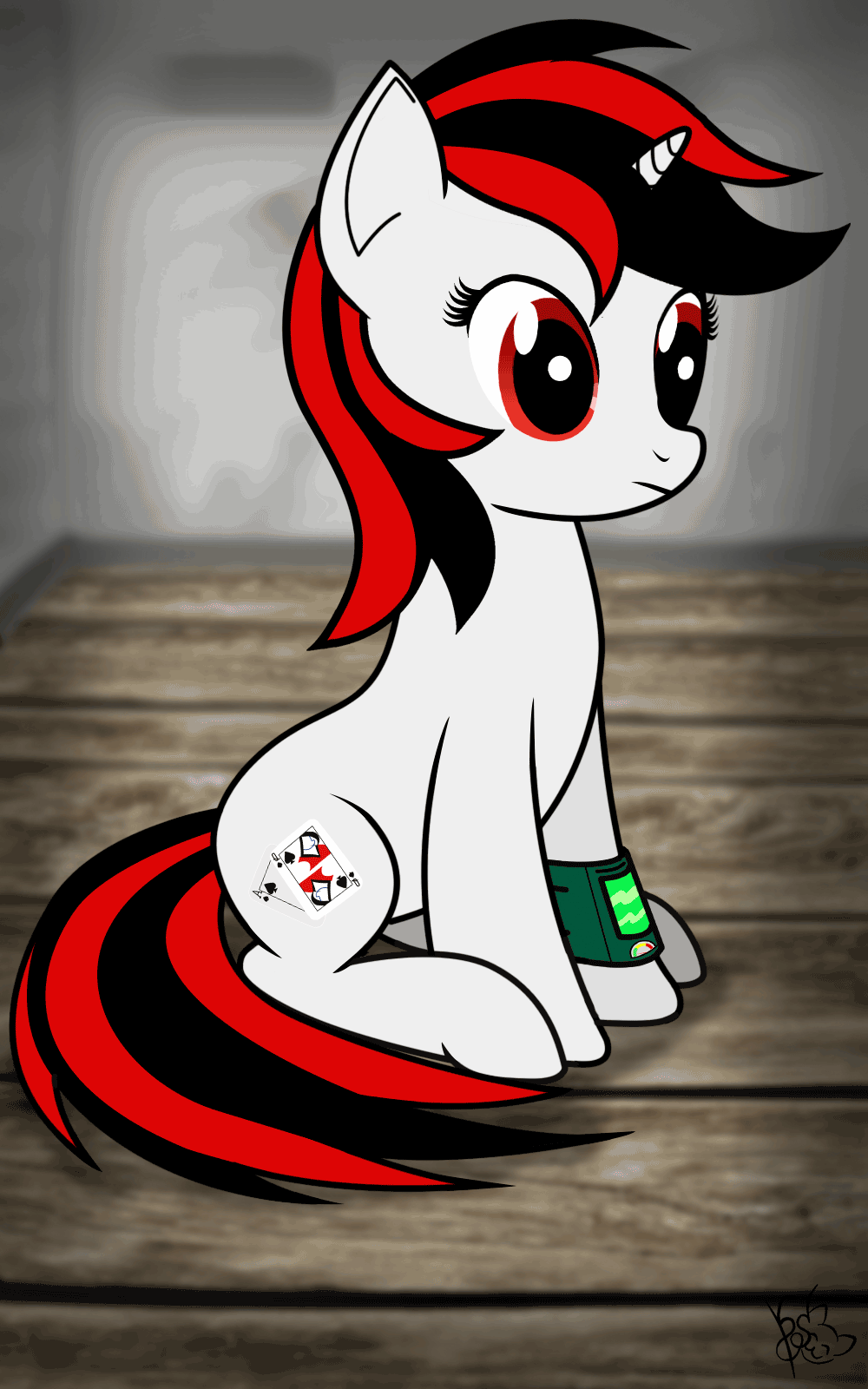 Size: 1000x1600 | Tagged: safe, artist:koshakevich, oc, oc only, oc:blackjack, species:pony, species:unicorn, fallout equestria, fallout equestria: project horizons, animated, blinking, cutie mark, fanfic, fanfic art, female, gif, hooves, horn, mare, pipbuck, sitting, smiling, solo, vector