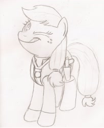 Size: 2040x2504 | Tagged: safe, artist:birdco, character:applejack, clothing, female, han solo, monochrome, solo, traditional art