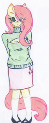 Size: 303x765 | Tagged: safe, artist:fiji-firefox, character:fluttershy, species:anthro, clothing, female, keyhole turtleneck, open-chest sweater, solo, sweater, sweatershy, traditional art, turtleneck
