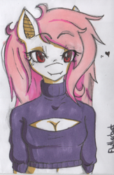 Size: 450x689 | Tagged: safe, artist:fiji-firefox, character:flutterbat, character:fluttershy, species:anthro, belly button, clothing, female, keyhole turtleneck, midriff, open-chest sweater, solo, sweater, sweatershy, traditional art, turtleneck