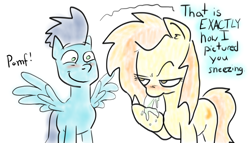 Size: 946x540 | Tagged: safe, artist:rainysunshine, character:soarin', character:spitfire, ship:soarinfire, blushing, female, frown, glare, male, mucus, pomf, raised eyebrow, shipping, smiling, sneezing, sneezing fetish, spread wings, straight, unamused, wingboner, wings