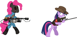 Size: 12494x6000 | Tagged: safe, artist:korsoo, character:pinkie pie, character:twilight sparkle, species:pony, species:unicorn, absurd resolution, bipedal, clothing, crossover, cutie mark, female, flamethrower, gun, hat, hooves, horn, mare, optical sight, pinkie pyro, pyro, rifle, simple background, sniper, sniper rifle, team fortress 2, teeth, transparent background, twilight sniper, vector, weapon