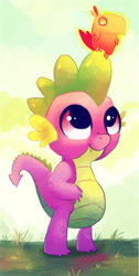 Size: 900x1787 | Tagged: safe, artist:mapony240, character:peewee, character:spike, species:dragon, species:phoenix, baby, baby dragon, baby phoenix, cute, fangs, grass, male, peewee, peeweebetes, spikabetes