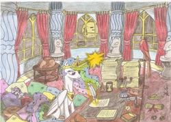 Size: 2336x1664 | Tagged: safe, artist:stardustchild01, character:princess celestia, night, quill, traditional art