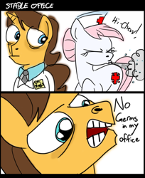 Size: 1300x1594 | Tagged: safe, artist:rainysunshine, character:doctor horse, character:doctor stable, character:nurse redheart, angry, colored, comic, germs, group, humor, sneezing, wat