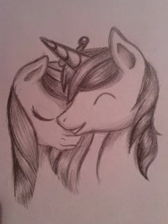 Size: 720x960 | Tagged: safe, artist:ariah101, character:princess cadance, character:shining armor, ship:shiningcadance, eyes closed, female, male, monochrome, shipping, straight, traditional art