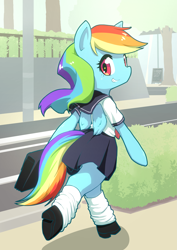 Size: 2893x4092 | Tagged: safe, artist:siagia, character:rainbow dash, species:pegasus, species:pony, bipedal, clothing, female, rainbow dash always dresses in style, school uniform, semi-anthro, solo