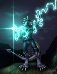 Size: 2131x2741 | Tagged: safe, artist:reaper3d, character:spike, species:anthro, friendship is witchcraft, clothing, glowing hands, hoodie, lightning, male, older, older spike, solo