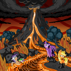 Size: 2000x2000 | Tagged: safe, artist:cgeta, character:applejack, character:maud pie, character:spike, character:twilight sparkle, character:twilight sparkle (alicorn), species:alicorn, species:earth pony, species:pony, bathing, earth pony magic, eruption, female, fireproof boots, lava, lava bathing, male, mare, volcano