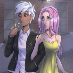 Size: 900x900 | Tagged: dead source, safe, artist:missangest, character:fluttershy, character:gilda, species:human, ship:gildashy, boobie mark, cigarette, clothing, dress, female, humanized, lesbian, shipping, smoking