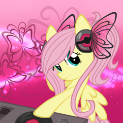 Size: 550x550 | Tagged: safe, artist:oathkeeper21, character:fluttershy, species:pegasus, species:pony, butterfly, disc jockey, female, headphones, pink background, simple background, solo, turntable