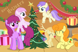 Size: 1500x1000 | Tagged: safe, artist:faikie, character:alula, character:berry punch, character:berryshine, character:carrot top, character:golden harvest, character:noi, character:piña colada, character:pluto, antlers, awwlula, berrybetes, christmas, christmas tree, cute, cutie top, holiday, noiabetes, piña cutelada, pluto, present, tree