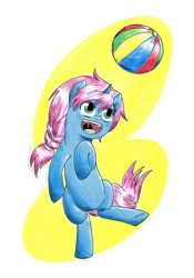Size: 1000x1430 | Tagged: safe, artist:mornincloud, oc, oc only, oc:seline, parent:oc:azure night, parent:princess luna, parents:azuna, parents:canon x oc, azuna, beach ball, female, filly, offspring, solo