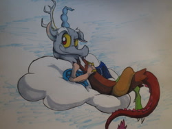 Size: 772x579 | Tagged: safe, artist:matugi, character:discord, cloud, cloudy, traditional art