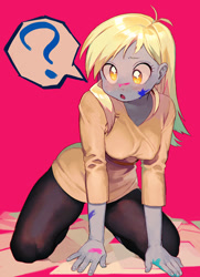 Size: 634x875 | Tagged: safe, artist:hotomura, character:derpy hooves, my little pony:equestria girls, breasts, busty derpy hooves, clothing, colored pupils, female, kneeling, paint, question mark, solo