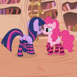 Size: 3000x3000 | Tagged: safe, artist:alexiy777, character:pinkie pie, character:twilight sparkle, ship:twinkie, bedroom eyes, clothing, female, high res, lesbian, shipping, socks, striped socks