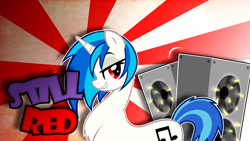 Size: 1920x1080 | Tagged: safe, artist:internationaltck, character:dj pon-3, character:vinyl scratch, species:pony, species:unicorn, bedroom eyes, chest fluff, cutie mark, female, horn, mare, red eyes, smiling, solo, speakers, teeth, text, vector, wallpaper