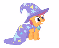 Size: 2805x2309 | Tagged: safe, artist:birdco, character:scootaloo, accessory swap, cape, clothing, costume, diamond, female, hat, magician, solo, the great and powerful, trixie's cape, trixie's hat