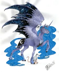 Size: 1024x1241 | Tagged: safe, artist:biakela, character:princess luna, character:tiberius, bat wings, curved horn, fangs, female, raised hoof, scar, simple background, solo, spread wings, traditional art, wings