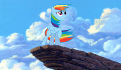 Size: 3000x1753 | Tagged: safe, artist:szinthom, character:rainbow dash, cliff, cloud, cloudy, female, rock, scared, simba, sky, solo, the lion king, thinking, wind, worried