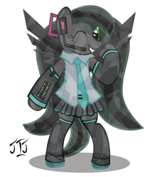 Size: 1042x1180 | Tagged: safe, artist:mlp-scribbles, oc, oc only, oc:obsidian, species:crystal pony, species:pony, commission, cosplay, gimp, hatsune miku, simple background, transparent background, vector