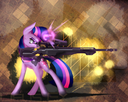 Size: 2500x2000 | Tagged: safe, artist:wreky, character:twilight sparkle, species:pony, species:unicorn, cutie mark, female, glowing horn, gun, high res, hooves, horn, levitation, magic, mare, optical sight, rifle, sniper, sniper rifle, solo, telekinesis, twilight sniper, weapon