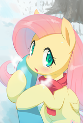 Size: 1349x2000 | Tagged: safe, artist:siagia, character:fluttershy, character:rainbow dash, ship:flutterdash, blushing, clothing, female, first person view, lesbian, offscreen character, pov, scarf, shipping