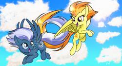 Size: 1280x693 | Tagged: safe, artist:arcuswind, character:night glider, character:spitfire, episode:the cutie map, g4, my little pony: friendship is magic, flying, friendshipping, open mouth