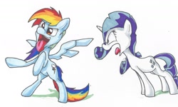 Size: 1822x1093 | Tagged: safe, artist:matugi, character:rainbow dash, character:rarity, tongue out, traditional art