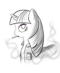 Size: 1000x1212 | Tagged: safe, artist:thorheim, character:twilight sparkle, black and white, cigarette, eyeshadow, female, grayscale, simple background, smoking, solo