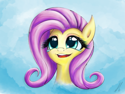 Size: 1395x1053 | Tagged: safe, artist:lightf4lls, character:fluttershy, species:pony, bust, crying, eyelashes, female, looking up, mare, open mouth, portrait, sky, smiling, solo, tears of joy, teary eyes