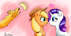 Size: 1200x604 | Tagged: safe, artist:mornincloud, character:applejack, character:discord, character:rarity, ship:rarijack, discord the shipper, female, lesbian, lesbian in front of boys, male, shipping