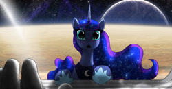 Size: 1500x782 | Tagged: safe, artist:foxi-5, character:princess luna, species:alicorn, species:human, species:pony, :o, astronaut, curious, cute, dilated pupils, eyes on the prize, female, first contact, hand, leaning, looking at you, luna and the nauts, lunabetes, mare, offscreen character, open mouth, planet, pov, reflection, space, space suit, spacecraft, spaceship, stars, wide eyes, window
