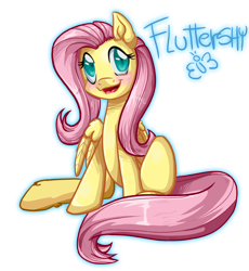 Size: 786x855 | Tagged: safe, artist:pauuhanthothecat, character:fluttershy, species:pegasus, species:pony, blushing, butterfly, colored pupils, cute, ear fluff, female, happy, hoof fluff, leg fluff, looking at you, mare, open mouth, shrunken pupils, shyabetes, simple background, sitting, smiling, solo, text, transparent background, wing fluff