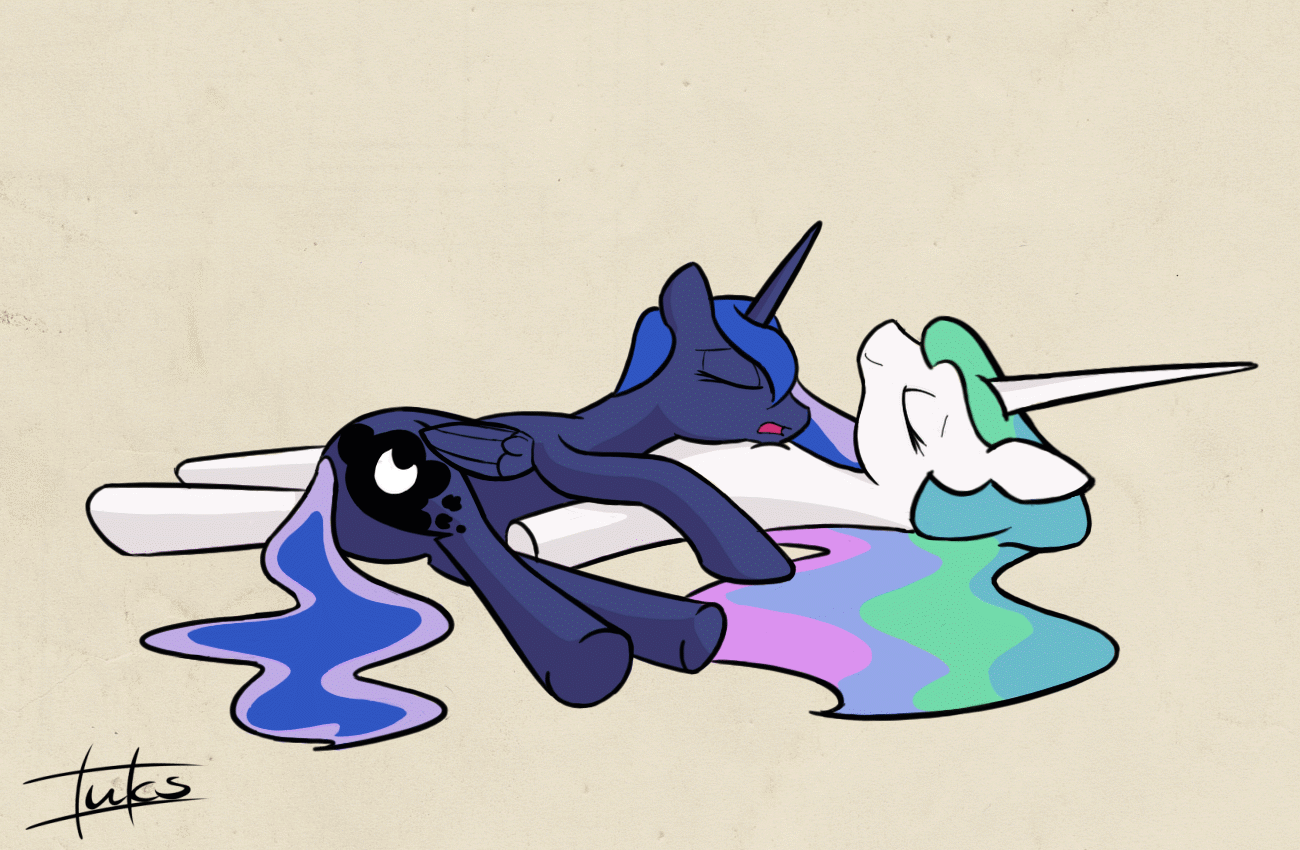 Size: 1300x850 | Tagged: safe, artist:inkygarden, character:princess celestia, character:princess luna, animated, breathing, cute, dawwww, eyes closed, female, frame by frame, moonbutt, plot, sleeping, squigglevision