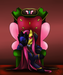 Size: 1280x1524 | Tagged: safe, artist:cat-cly, artist:melancholysanctuary, character:fluttershy, species:pegasus, species:pony, code geass, female, geass, lelouch vi britannia, mare, sitting, solo, throne