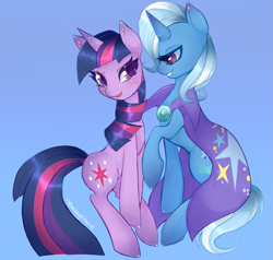 Size: 2335x2220 | Tagged: safe, artist:newvagabond, character:trixie, character:twilight sparkle, ship:twixie, blushing, female, happy, high res, lesbian, shipping, smiling
