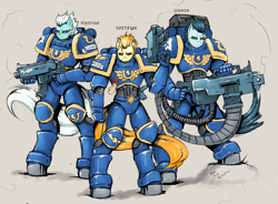 Size: 1280x944 | Tagged: safe, artist:mod-of-chaos, character:fleetfoot, character:soarin', character:spitfire, species:anthro, ask-thewarpony, bolter, crossover, heavy bolter, power armor, space marine, ultramarine, warhammer (game), warhammer 40k, wonderbolts